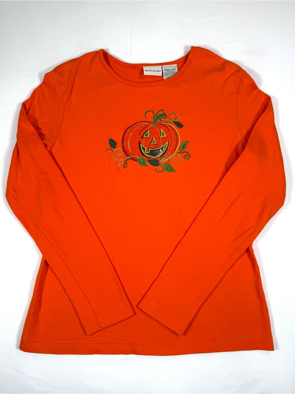 VINTAGE WHITE STAG Womens Halloween Pumpkin Jack O Lantern Applique Top S 4/6